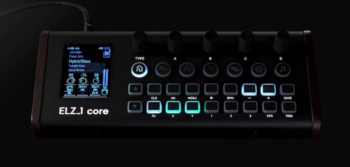 Face avant du synthétiseur de bureau Sonicware ELZ_1 core avec son écran couleur et ses encodeurs