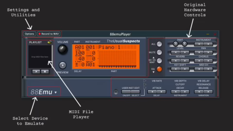 Interface du logiciel 88emu de The Usual Suspects émulant un module Roland Sound Canvas