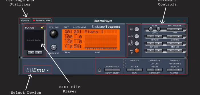 Interface du logiciel 88emu de The Usual Suspects émulant un module Roland Sound Canvas
