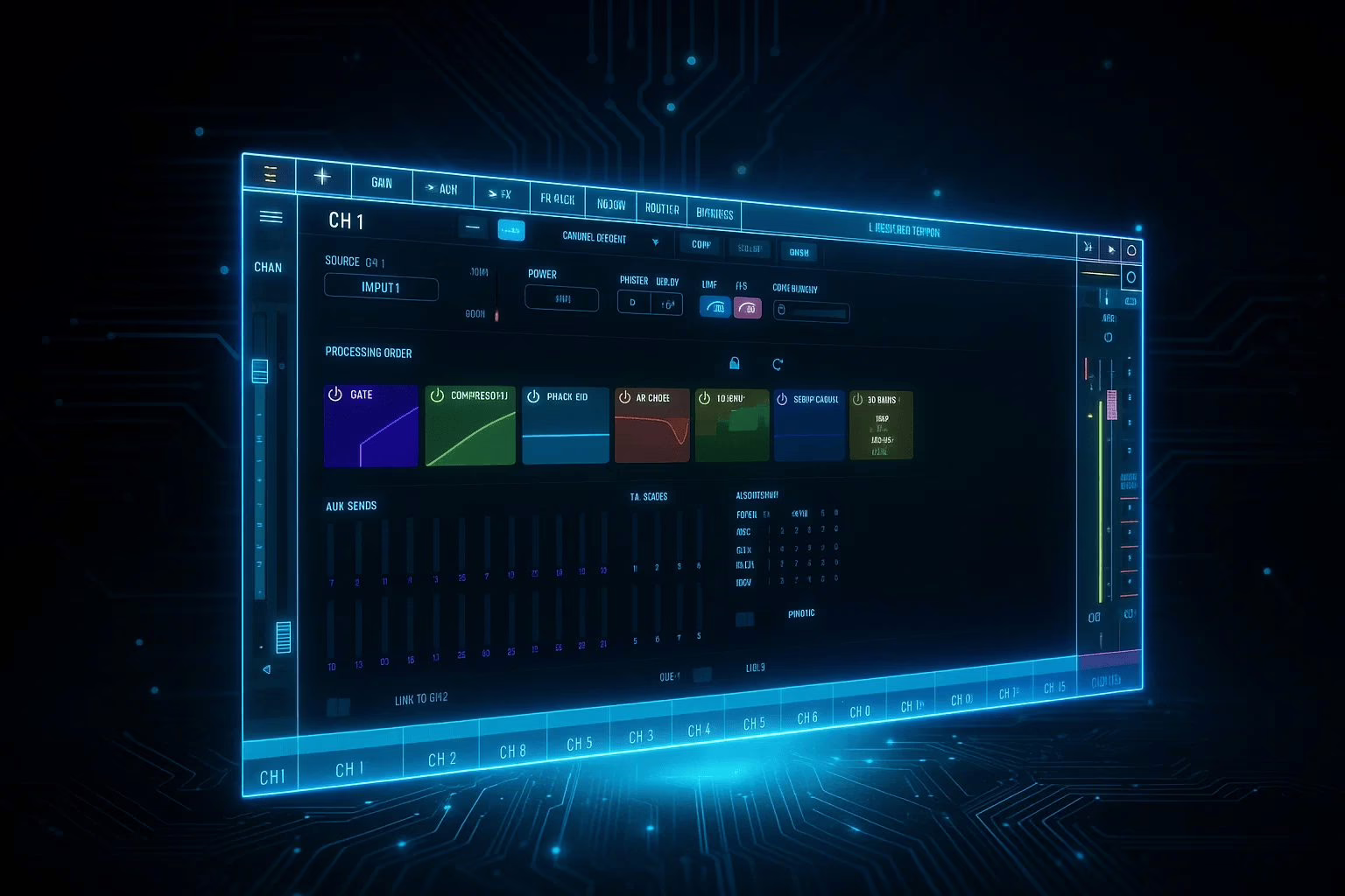 Processing and effects built into the dMix 128 FPGA engine
