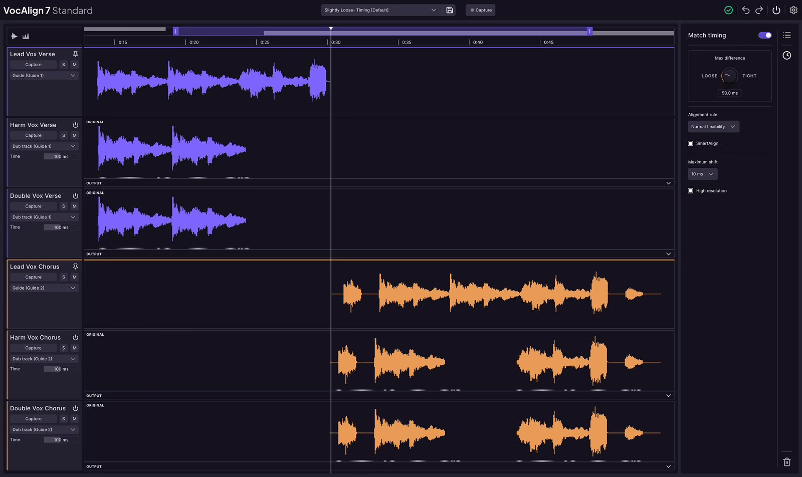 VocAlign 7 aligne plusieurs pistes de voix dans une seule vue