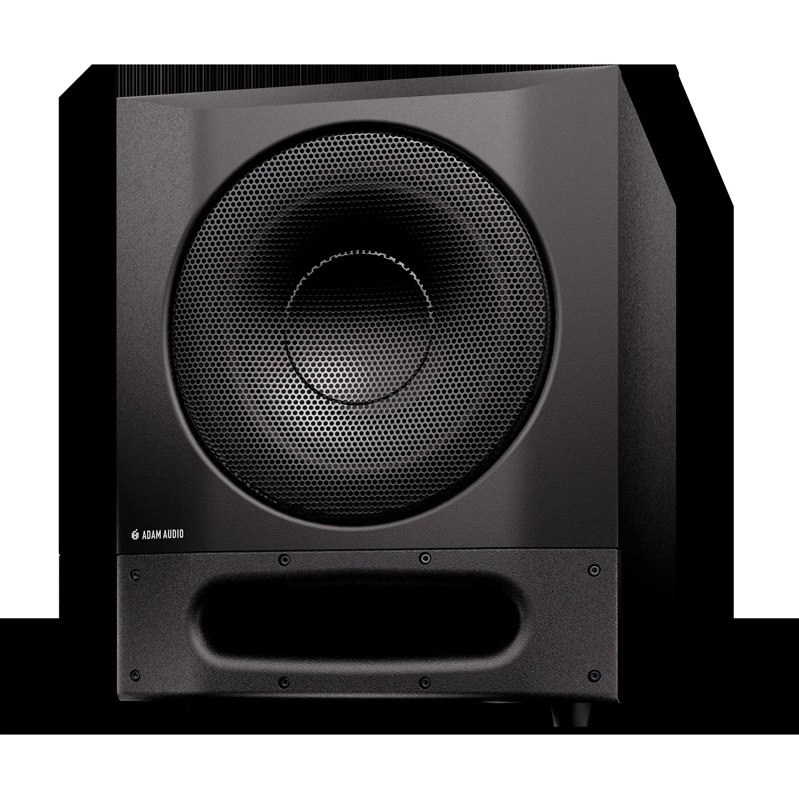 Three-quarter view of the Sub10 PRO with its metal grille and wooden cabinet