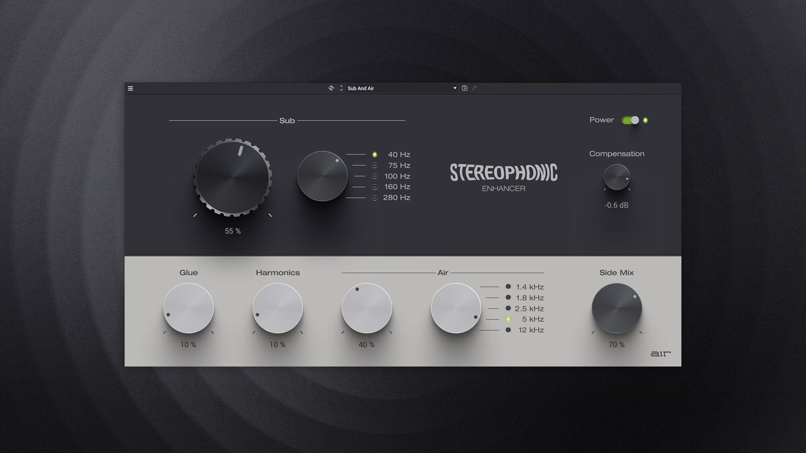 AIR Stereophonic Enhancer plug-in interface with Sub, Glue, Harmonics and Air modules
