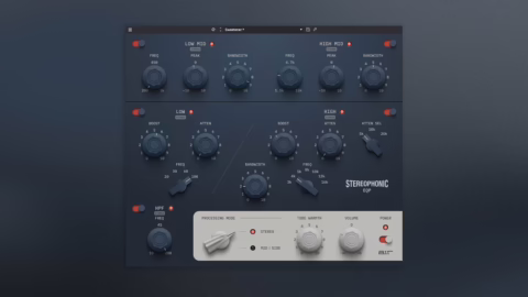 Interface du plug-in AIR Stereophonic EQP, égaliseur façon Pultec avec modes stéréo et Mid/Side
