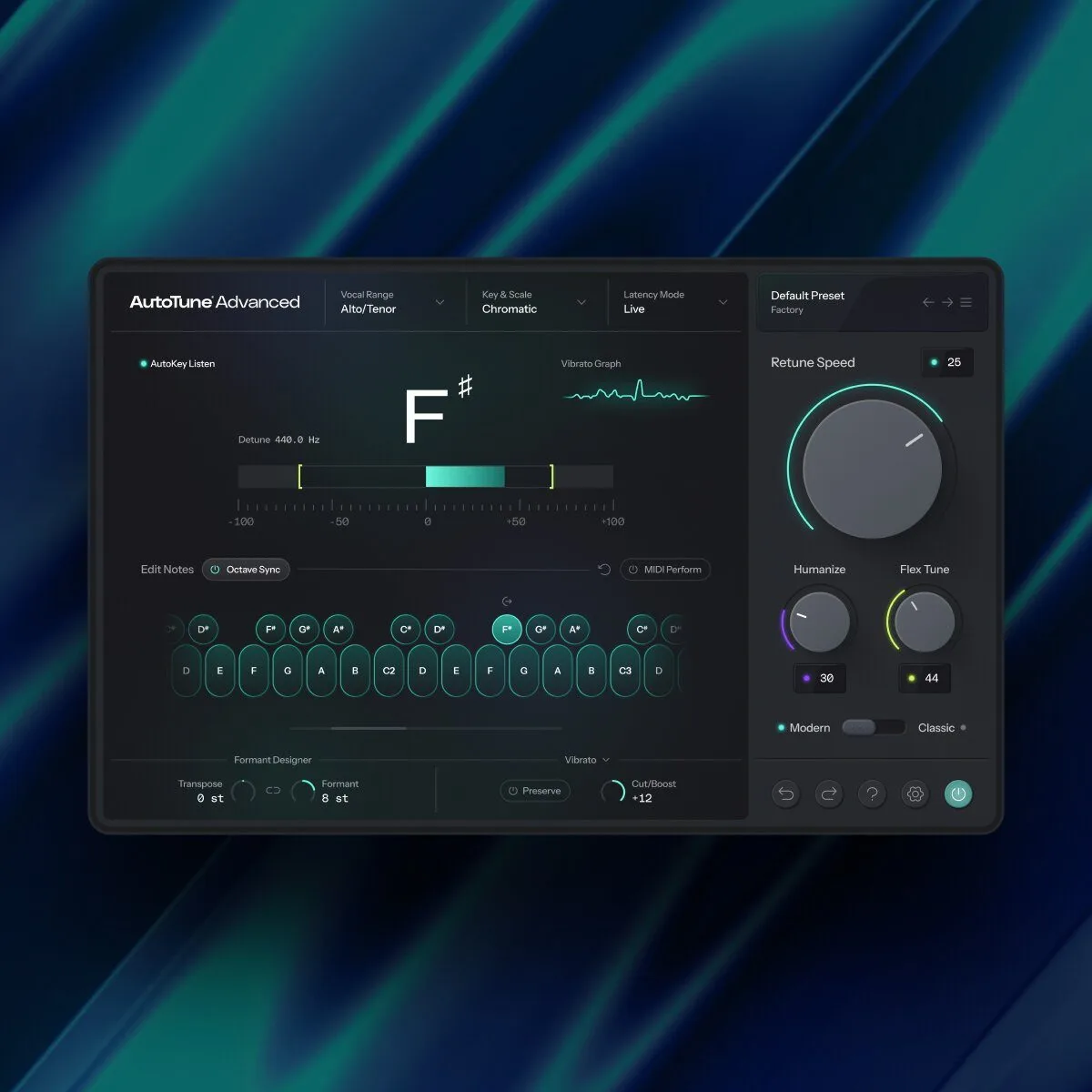 Antares Auto-Tune Advanced interface showing Flex-Tune, Humanize and the formant designer