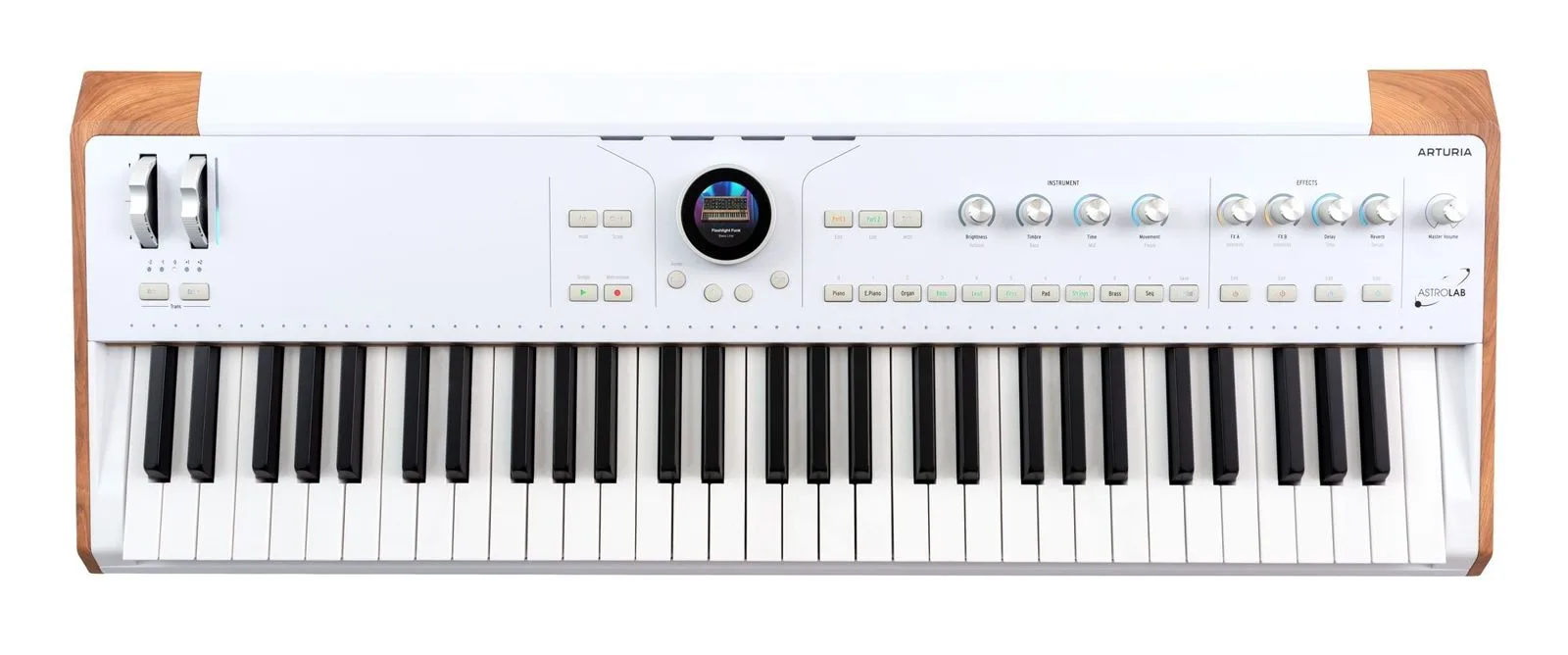 The Arturia AstroLab top panel with its four macro knobs and display