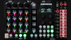 Module Eurorack Befaco ARK vu de face, pads RVB et écran couleur