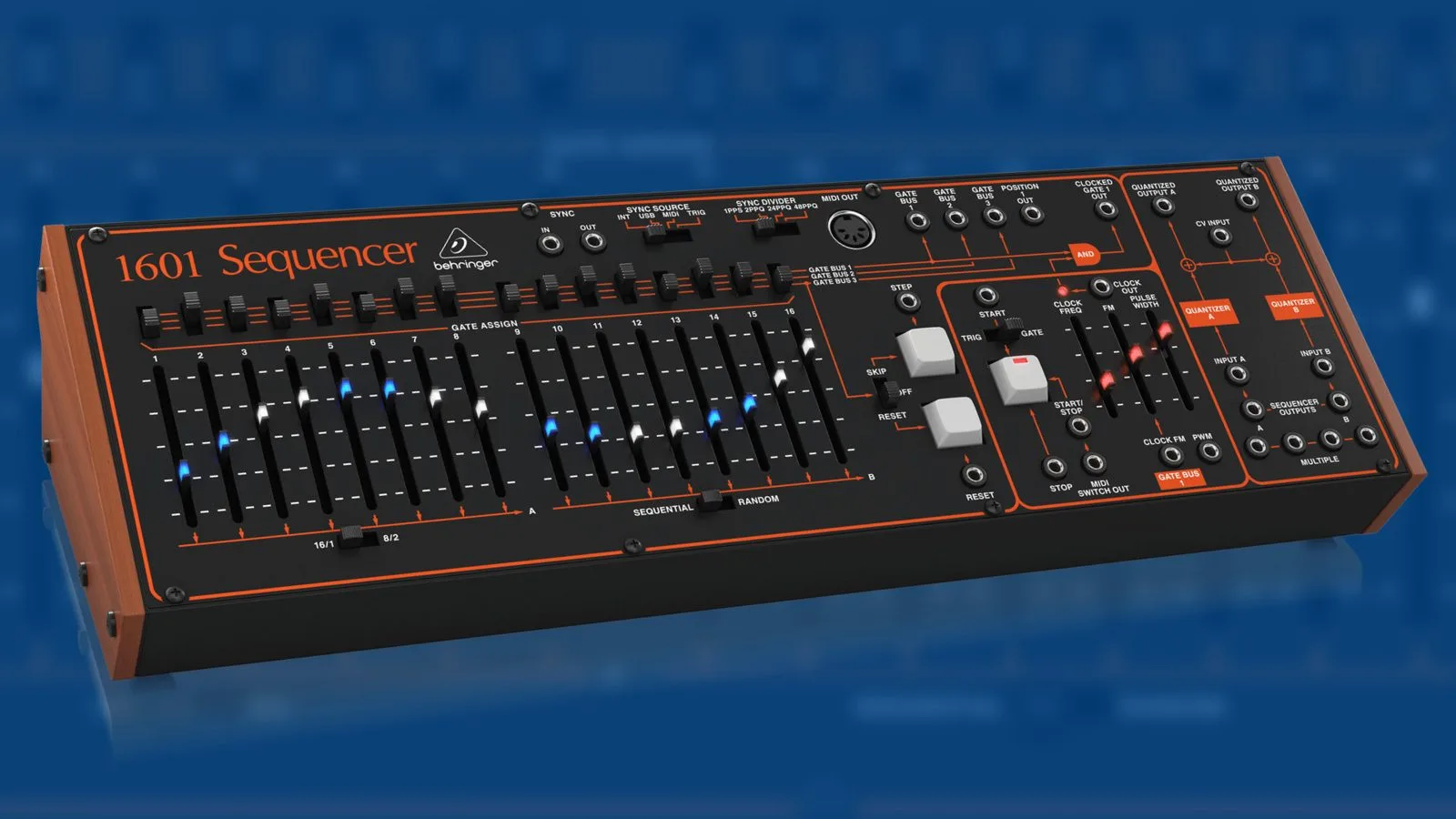 Vue de trois quarts du Behringer 1601 montrant la profondeur du module