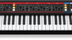 Synthétiseur analogique Behringer JN-80 vu de trois quarts avec son clavier 49 touches