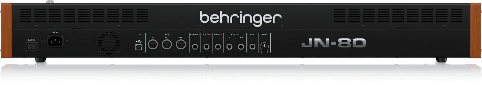 Connectique arrière du Behringer JN-80 avec prises MIDI, USB et sorties audio