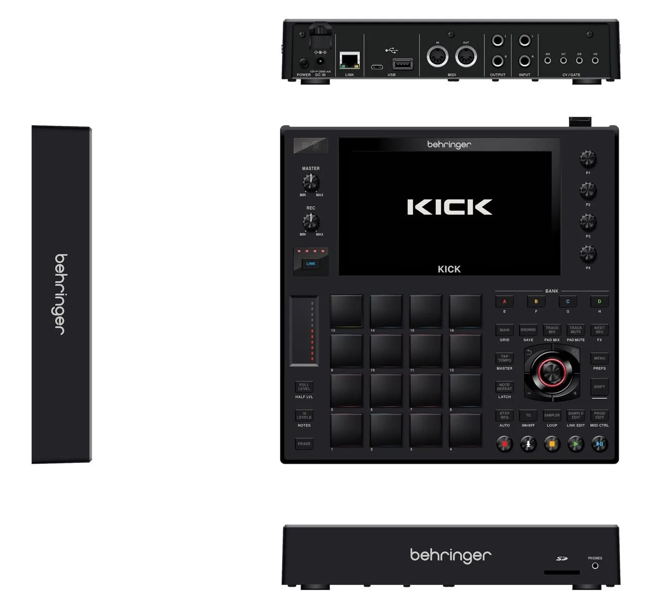 Various views of the Behringer Kick prototype and its controls
