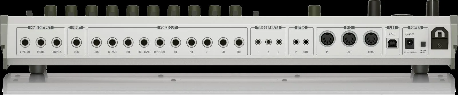 Face arrière du Behringer RD-765 : connectique MIDI et USB