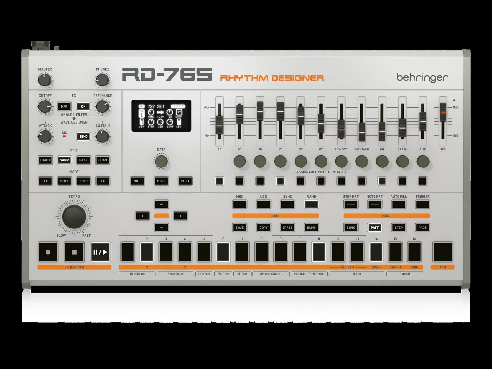 Behringer RD-765 vue de dessus : pads, faders et séquenceur 64 pas