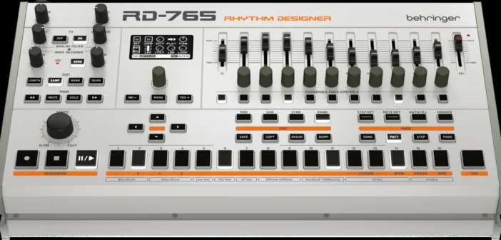 Behringer RD-765 : la boîte à rythmes hybride vue de trois quarts avant