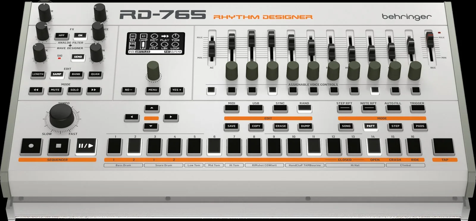 Behringer RD-765 : la boîte à rythmes hybride vue de trois quarts avant