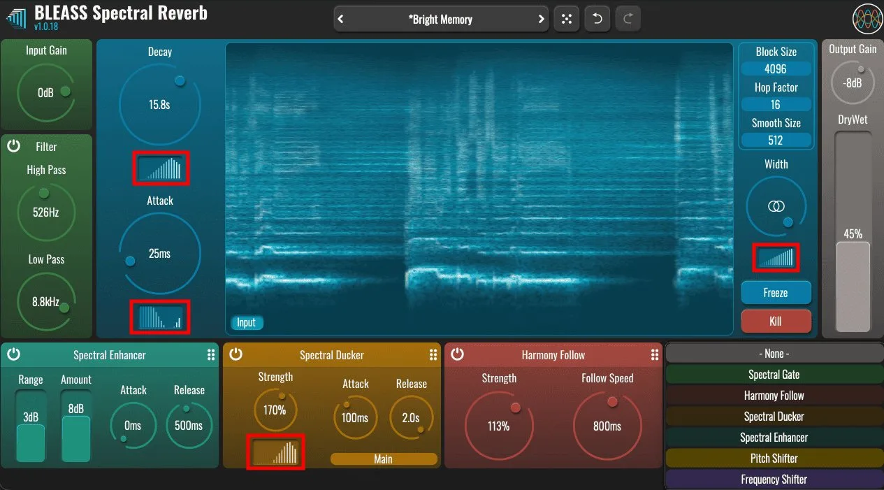 The BLEASS Spectral Reverb spectral controls for decay, attack and width per band