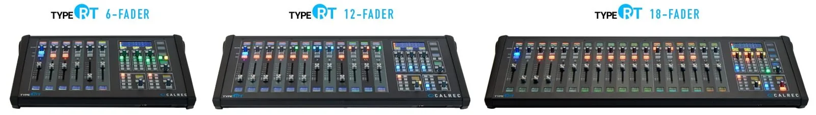 The three Calrec Type RT sizes: 6, 12 and 18-fader frames