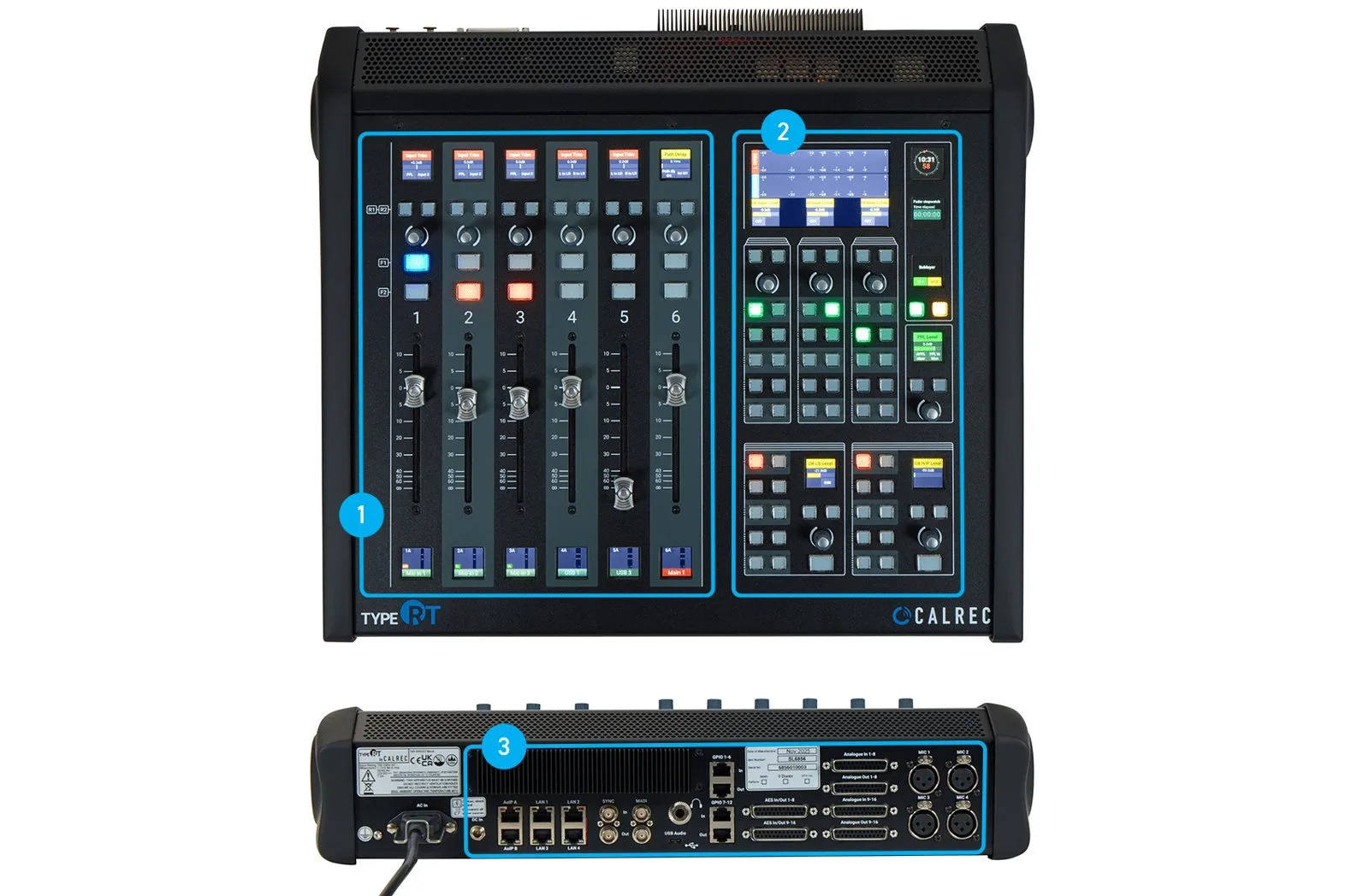Detail of the motorised faders and built-in connectivity of the Type RT