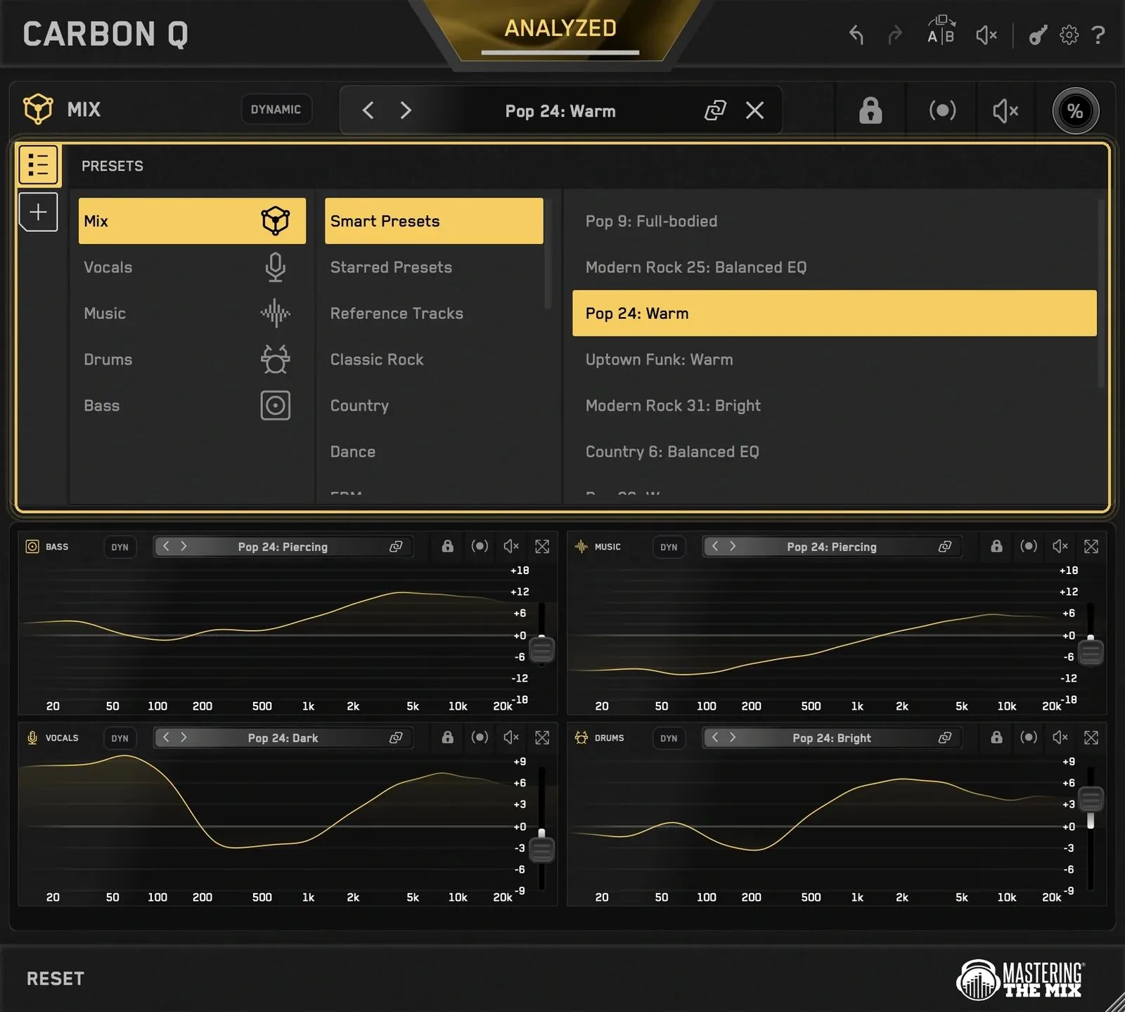 CARBON Q's Smart Presets browser, showing the ten references closest to the analysed track