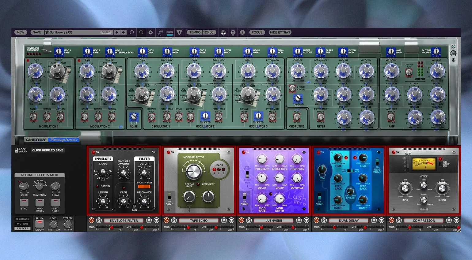 Effects section of the Cherry Audio Pentaphonic: envelope filter, tape echo, delay and compressor