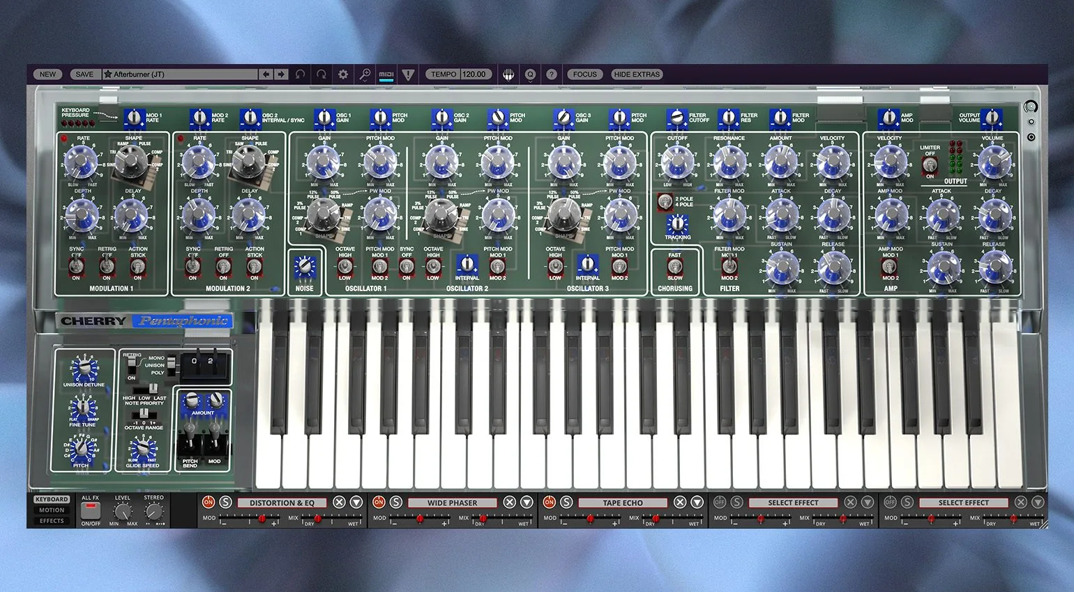 Full interface of the Cherry Audio Pentaphonic: three oscillators, filter, modulation and keyboard