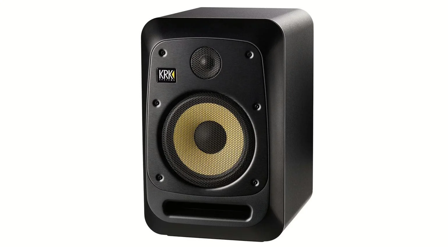 An active studio monitor seen at an angle, with its woofer and tweeter