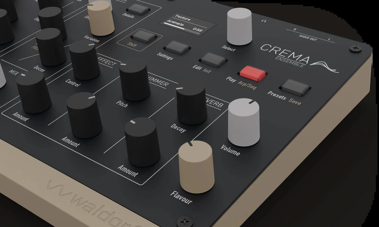 Close-up of the Waldorf Crema encoders and display