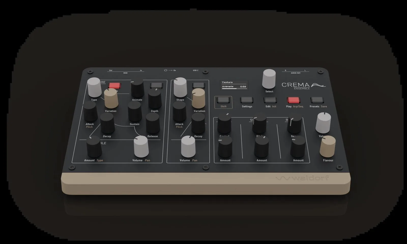 The Waldorf Crema at an angle, front panel and controls