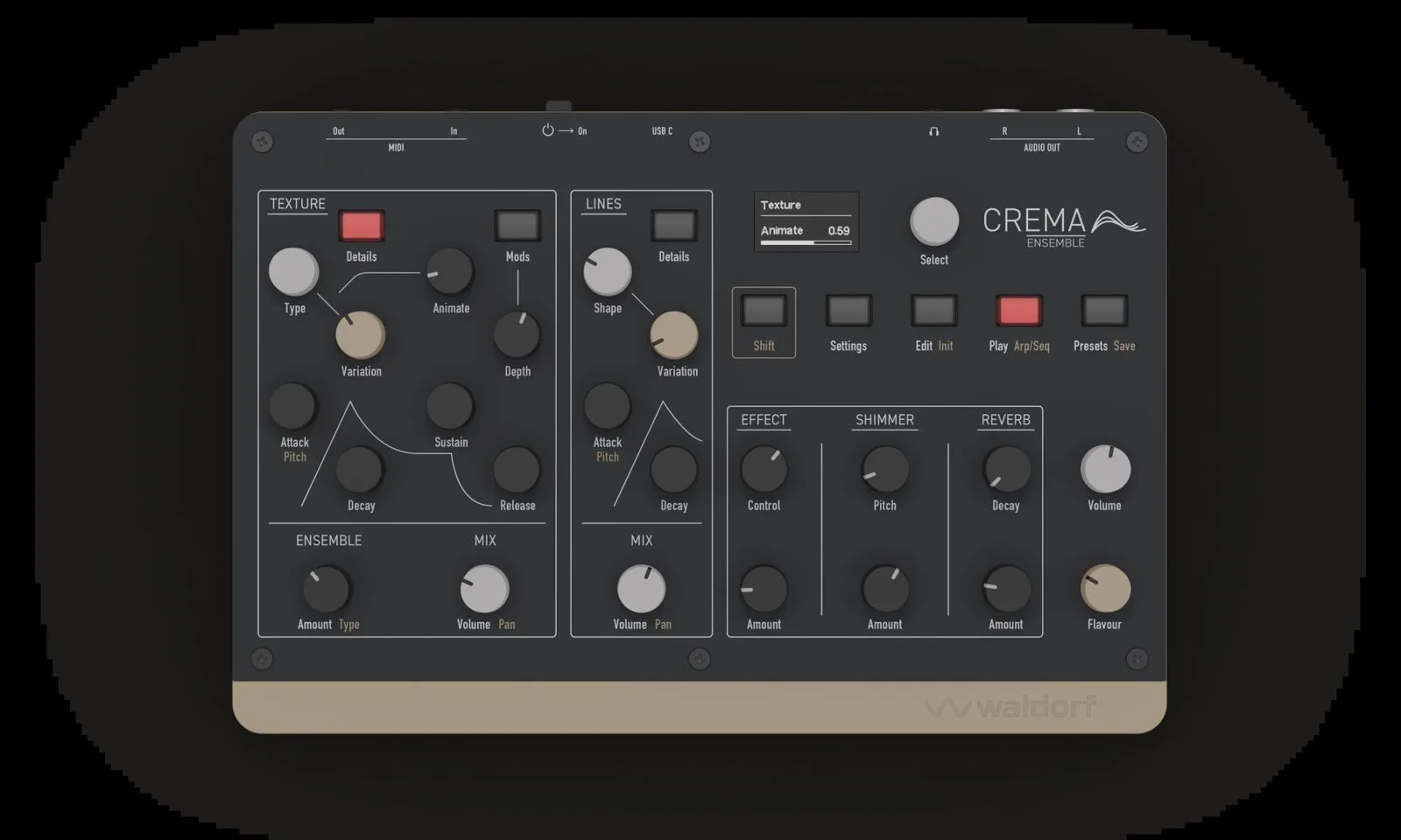 Top view of the compact Waldorf Crema panel