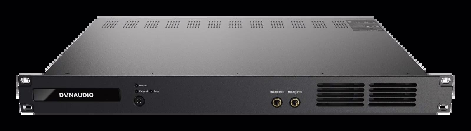 Front panel of the Dynaudio Control 01, with display, Internal/External/Error indicators and two headphone outputs
