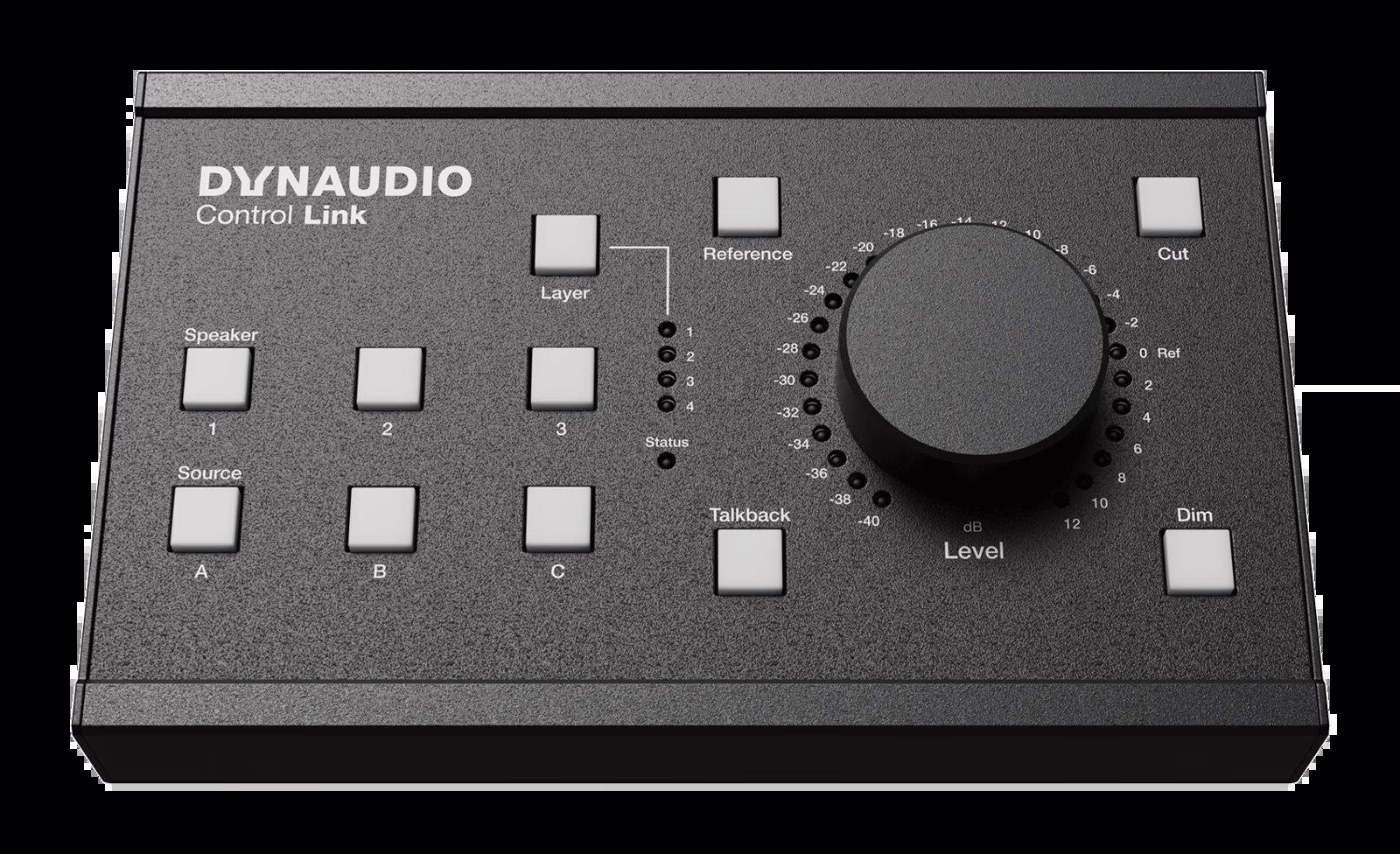 The Dynaudio Control Link desktop remote with its large level dial and dedicated keys