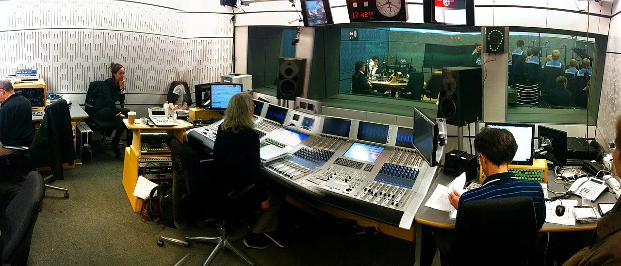 Radio broadcasting studio with its on-air console and microphones