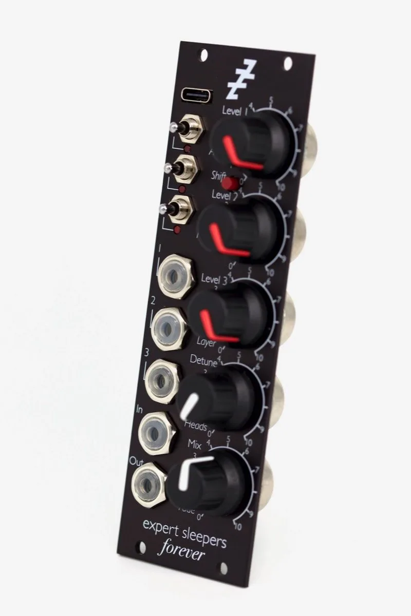 Panel detail of the Expert Sleepers Forever module with its gate inputs