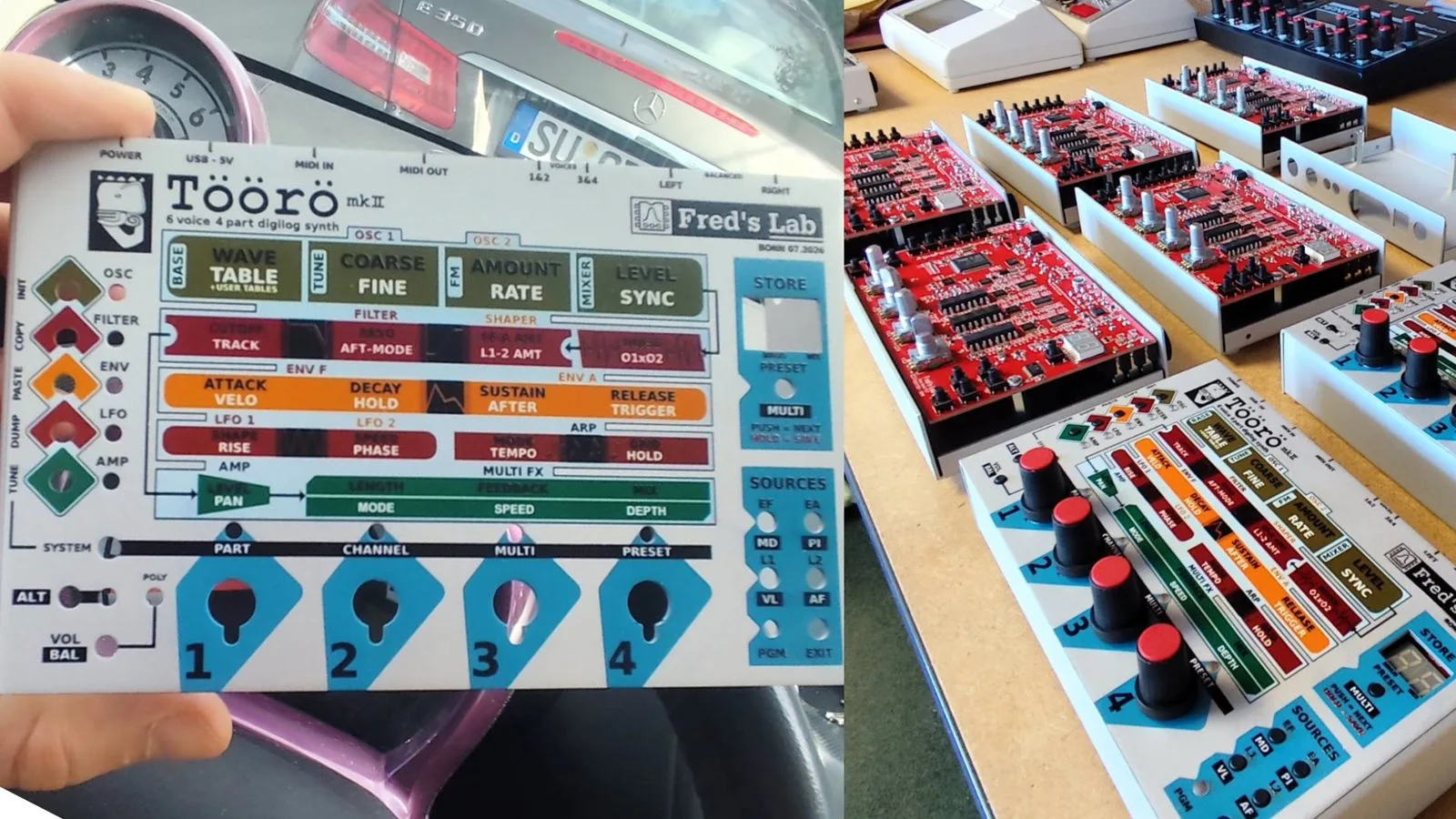Le synthétiseur de bureau hybride Fred’s Lab Töörö mkII vu de face