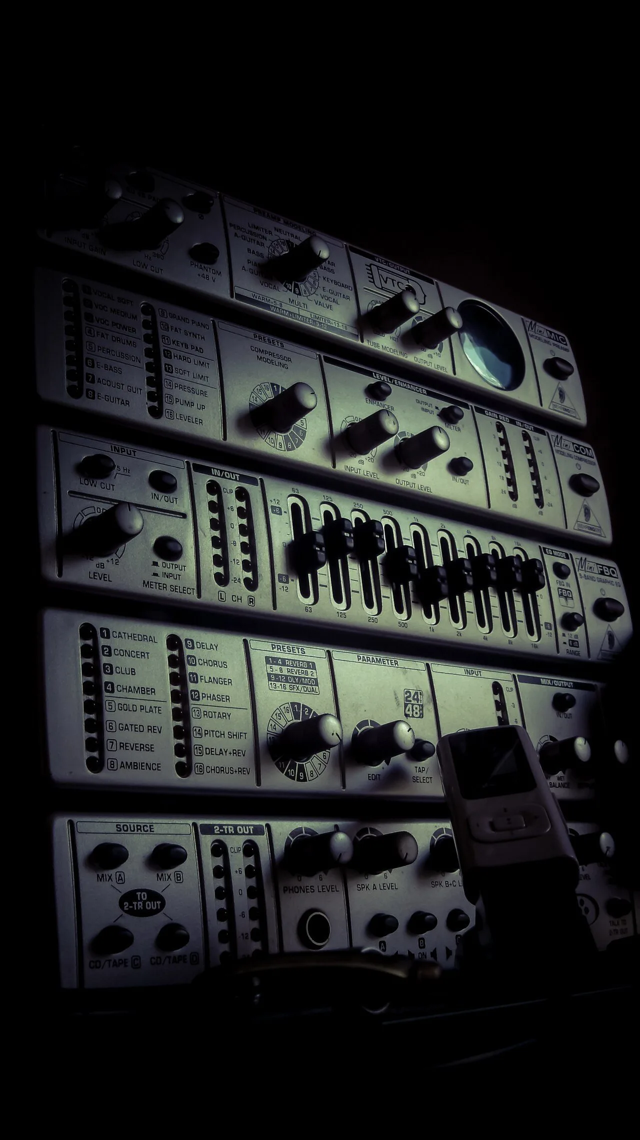 Small rack of studio dynamics processors, including a combined compressor and gate unit