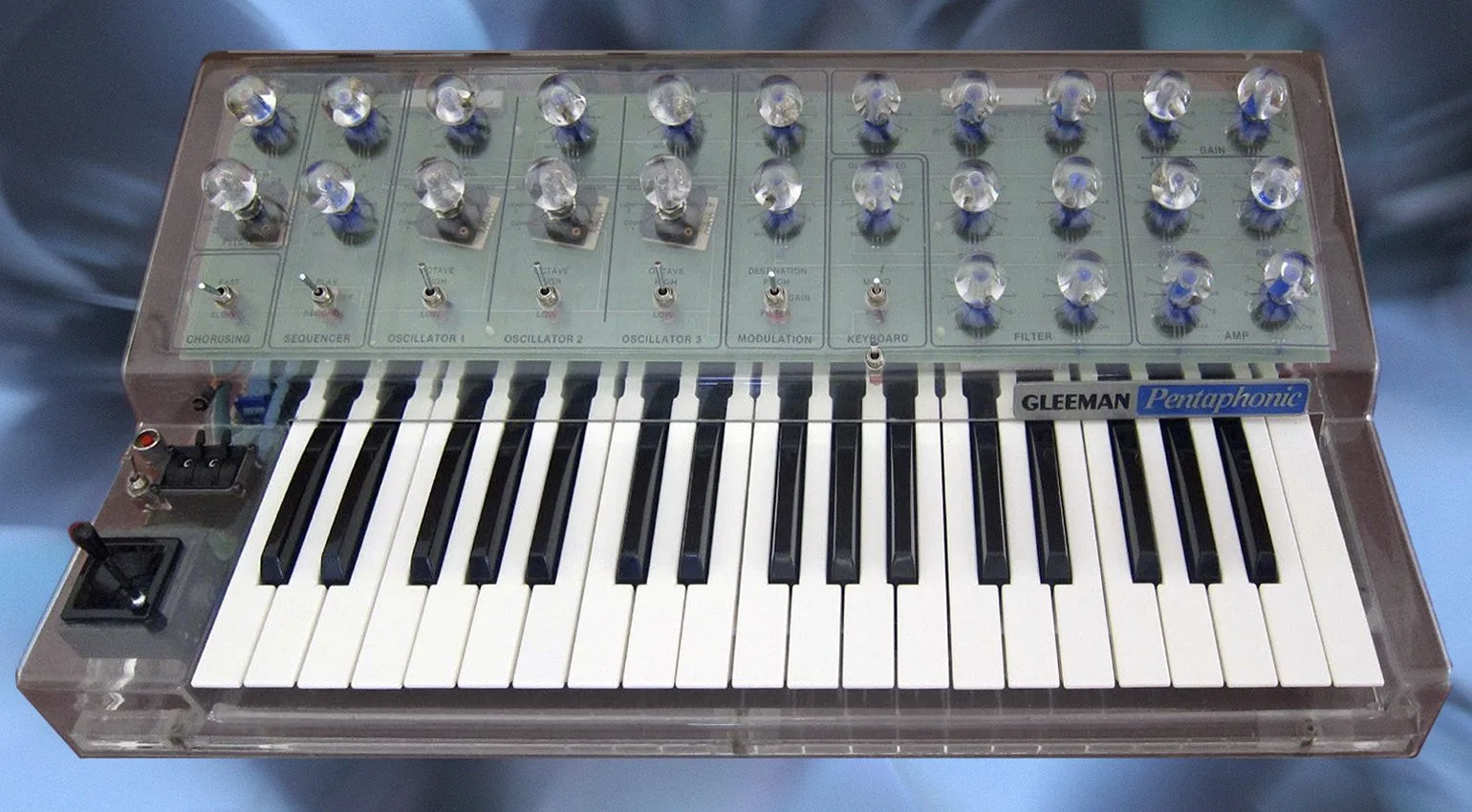 The clear perspex version of the Gleeman Pentaphonic, the original model recreated by Cherry Audio