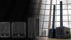 Système HK Audio ELEMENTS MK2 complet : colonnes et caissons dans une salle vitrée