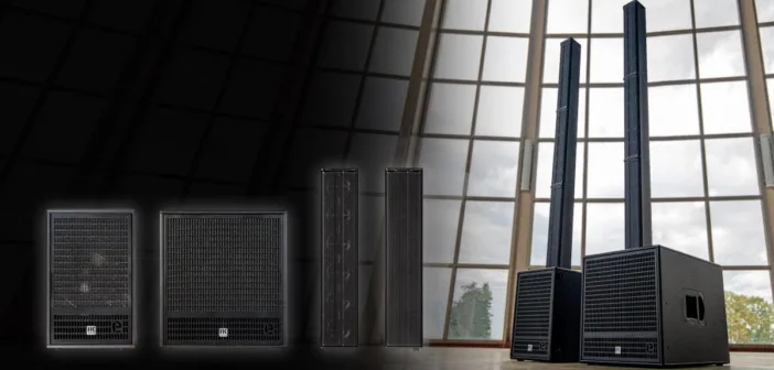 Système HK Audio ELEMENTS MK2 complet : colonnes et caissons dans une salle vitrée
