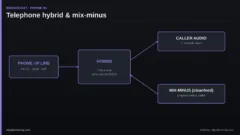 Schéma d'un hybride téléphonique en radio : ligne, hybride, audio de l'auditeur et mix-minus (cleanfeed)
