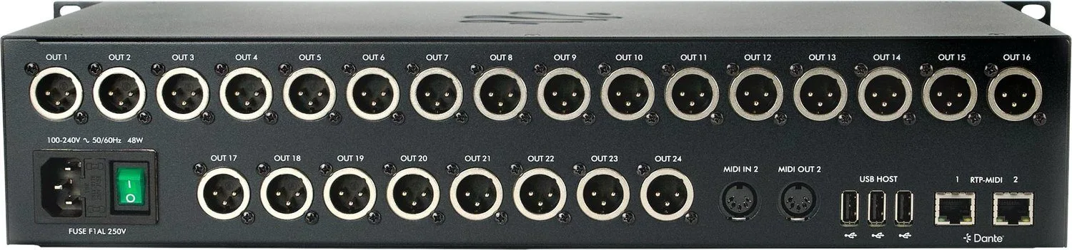 Rear panel of the PlayAUDIO2D with its 24 XLR outputs, Dante network ports and USB-C