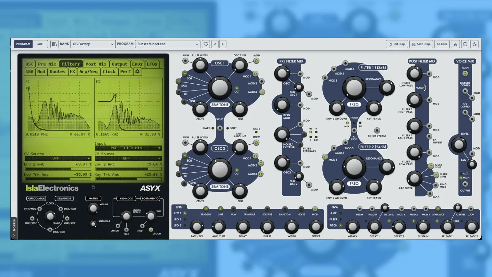 Panneau d'édition du synthétiseur virtuel Isla Electronics ASYX