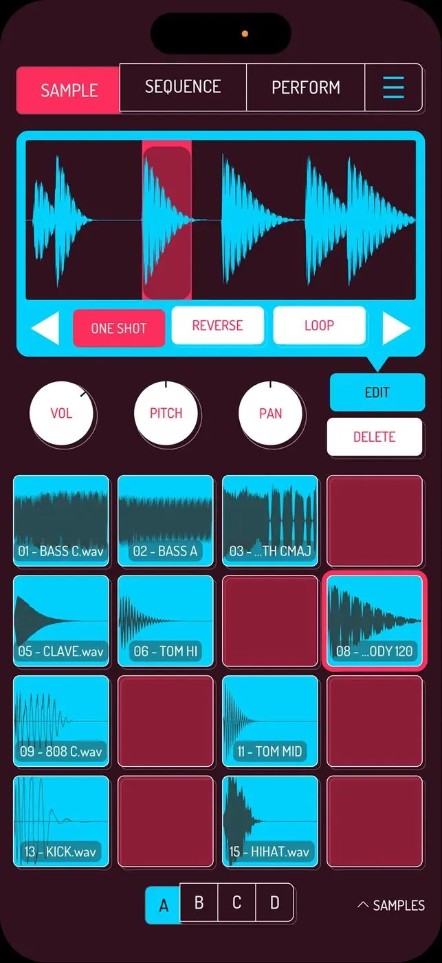Grille de pads de Koala Sampler avec les banques de samples