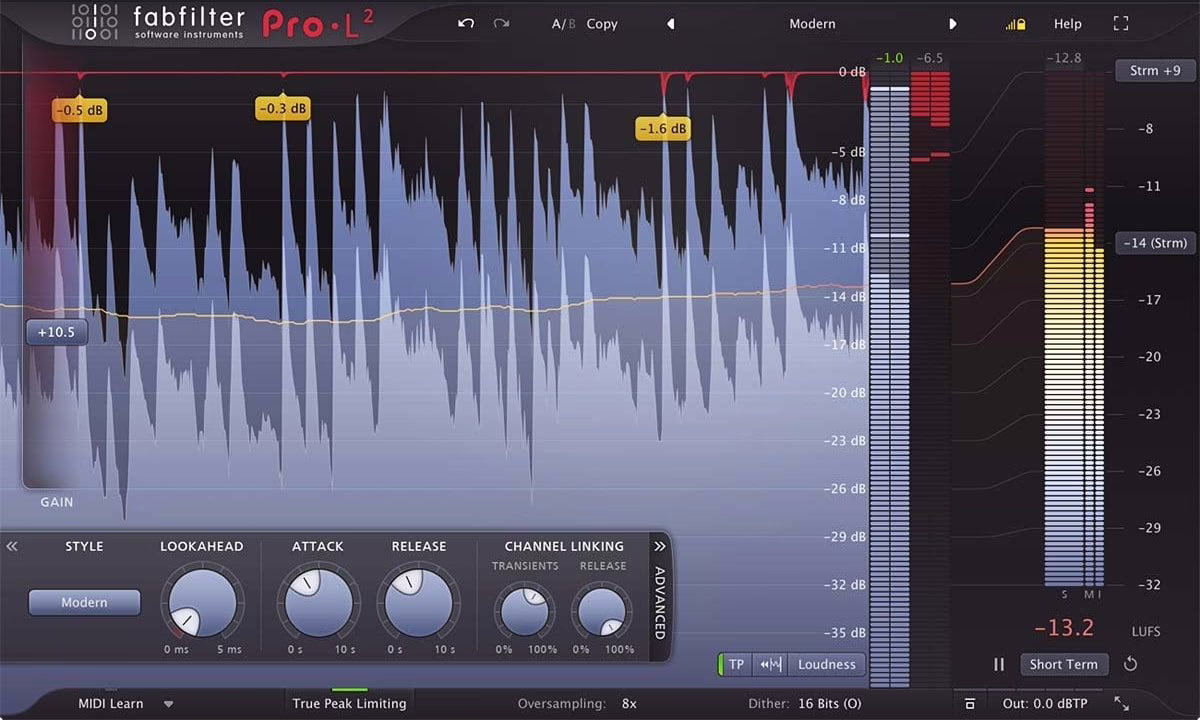 A mastering limiter showing gain reduction on a stereo bus