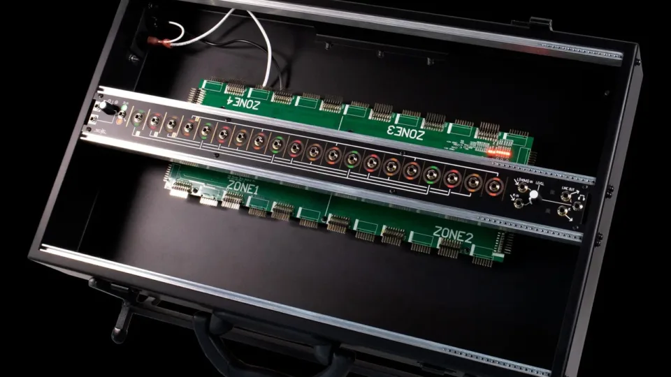 Intérieur du Make Noise 4 Zone CV Bus Case montrant les quatre zones d'alimentation