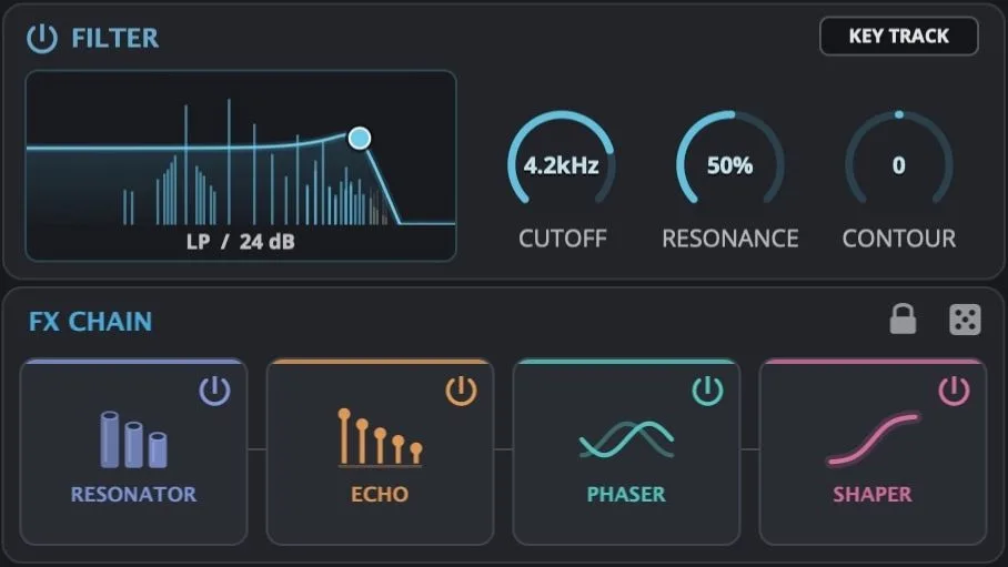 Section filtre et effets de Materia : résonateur, écho, phaser et waveshaper