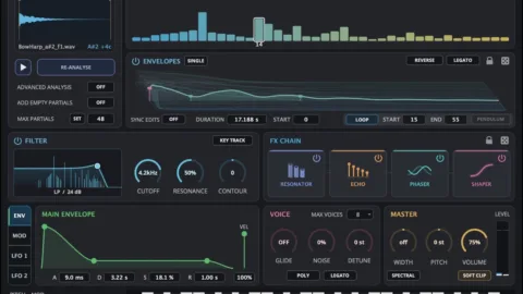 Interface du plugin AudioThing Materia affichant le spectre de partiels harmoniques