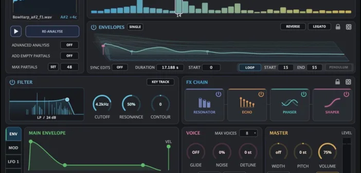 Interface du plugin AudioThing Materia affichant le spectre de partiels harmoniques