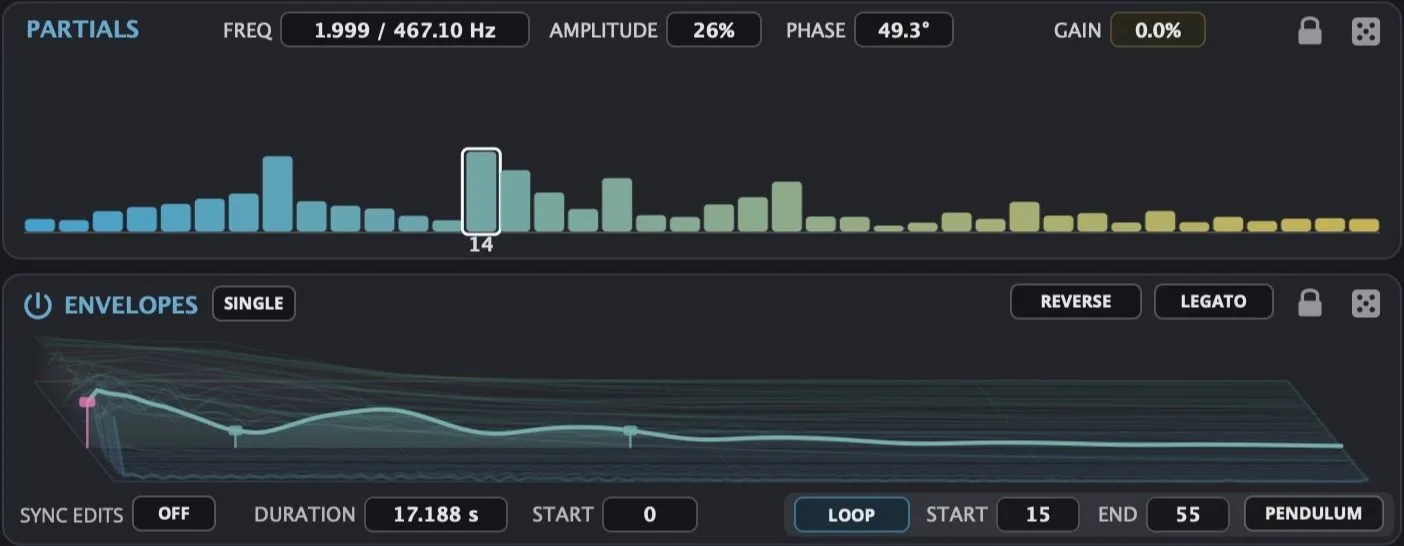 Vue des partiels et de leurs enveloppes dans Materia d'AudioThing