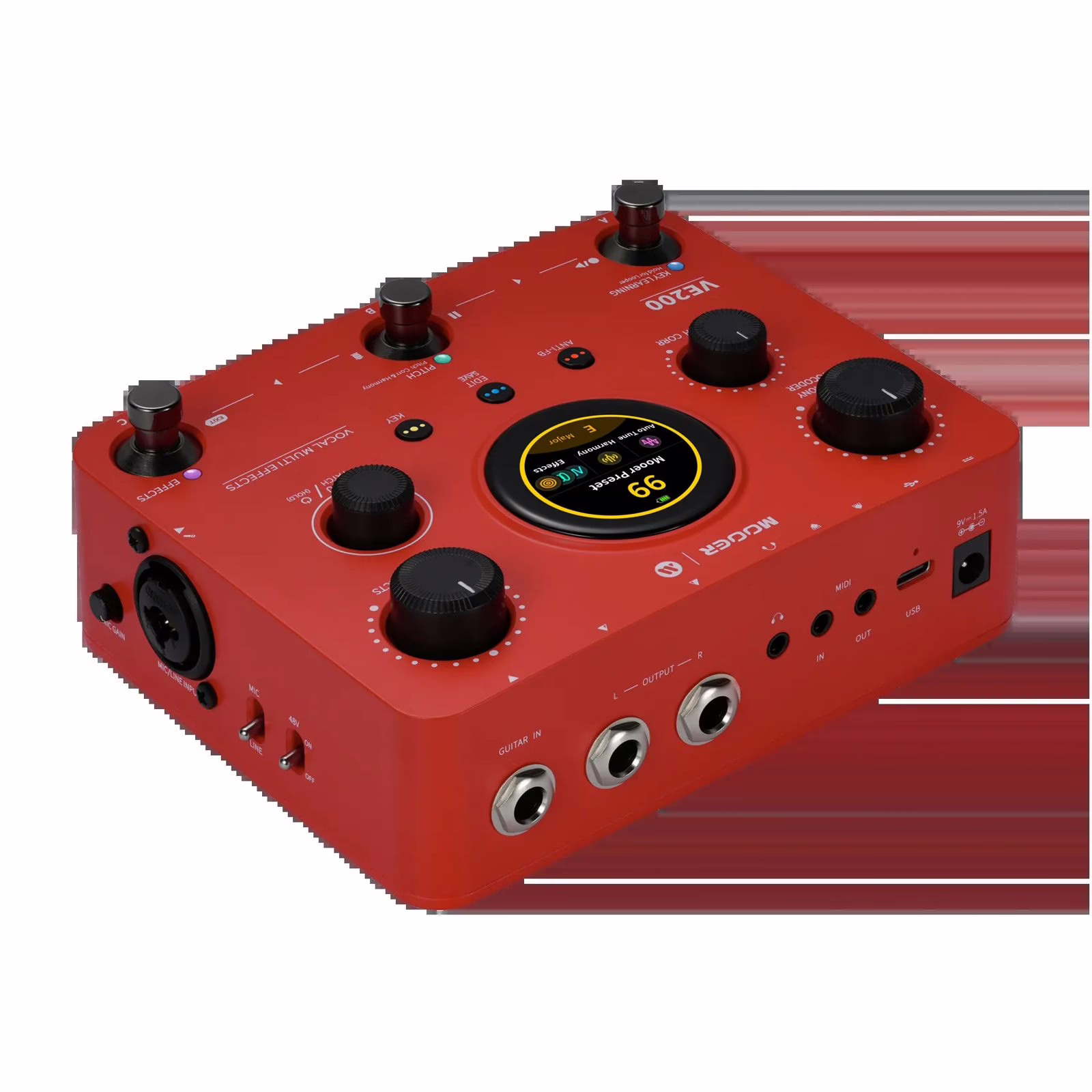 The MOOER VE200 and its connectivity: XLR mic/line input with phantom power and jack outputs