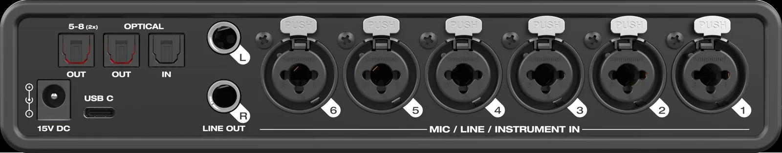 La face arrière du MOTU OctaLite avec ses entrées combo XLR/TRS et sa connectique optique ADAT